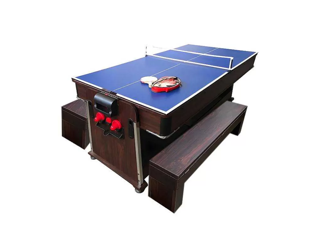 ELITESHOPPING Mesa De Bilhar 7 Pés Multijogo Azul Air Hockey + Ping Pong - Stark Com Bancos* Jogo De Interior