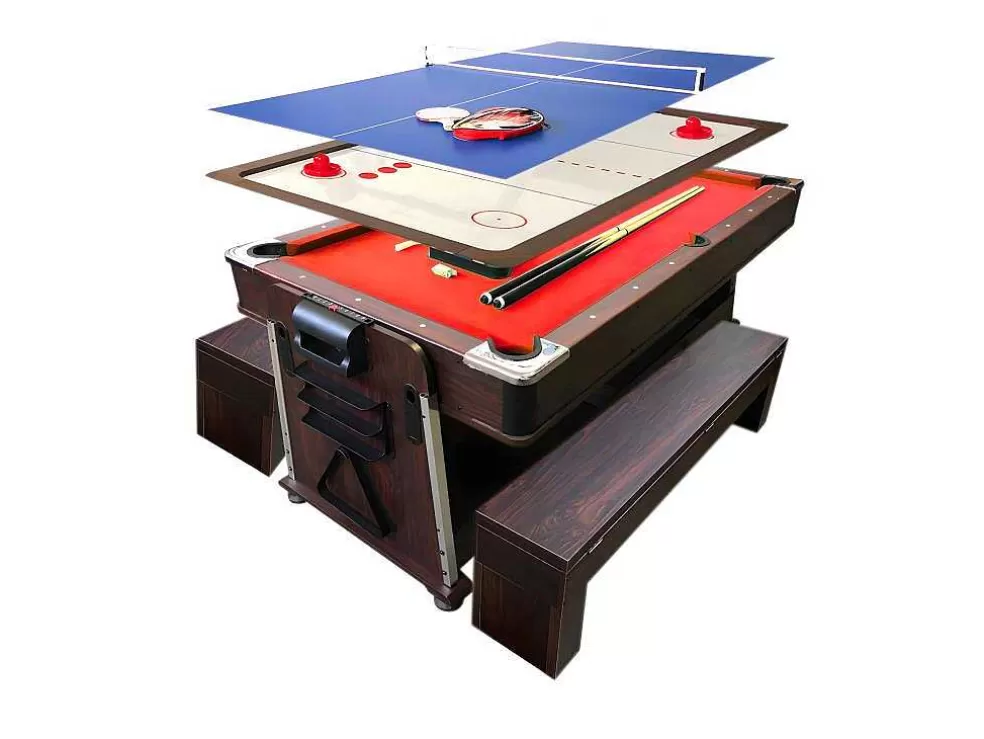 ELITESHOPPING Mesa De Bilhar 7 Pés Multijogo Vermelho Air Hockey + Ping Pong - Stark Com Bancos* Jogo De Interior