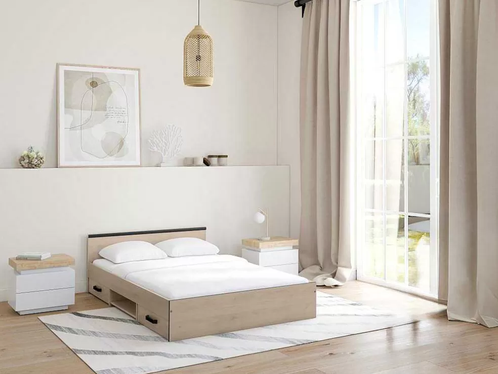 Vente-unique Mesa De Cabeceira - 2 Gavetas - Mdf Lacado - Com Leds - Cor: Branco E Carvalho - Halo Ii* Mesa De Cabeceira