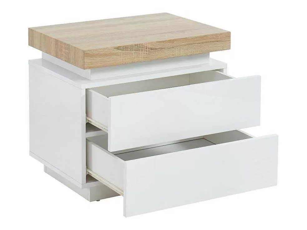 Vente-unique Mesa De Cabeceira - 2 Gavetas - Mdf Lacado - Com Leds - Cor: Branco E Carvalho - Halo Ii* Mesa De Cabeceira