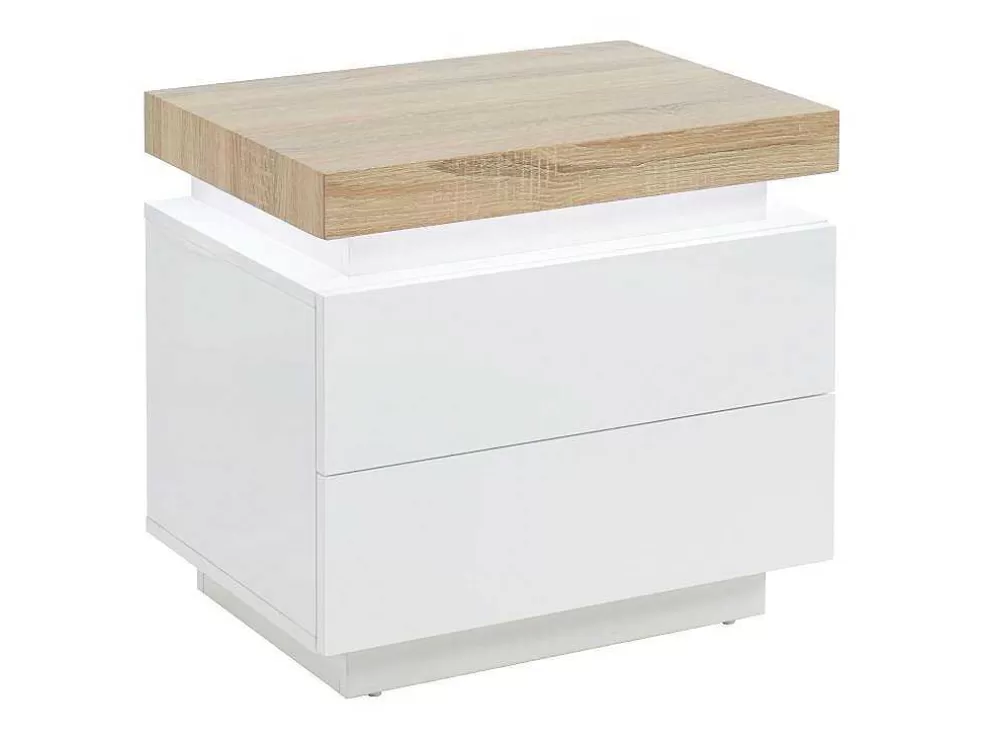Vente-unique Mesa De Cabeceira - 2 Gavetas - Mdf Lacado - Com Leds - Cor: Branco E Carvalho - Halo Ii* Mesa De Cabeceira