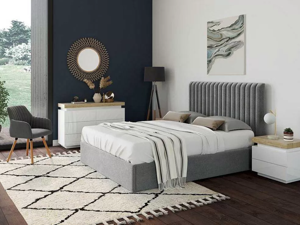 Vente-unique Mesa De Cabeceira - 2 Gavetas - Mdf Lacado - Com Leds - Cor: Branco E Carvalho - Halo Ii* Mesa De Cabeceira