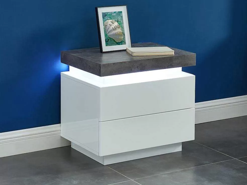 Vente-unique Mesa De Cabeceira - 2 Gavetas - Mdf Lacado - Com Leds - Cor: Branco E Cinza Cimento - Halo Ii* Mesa De Cabeceira