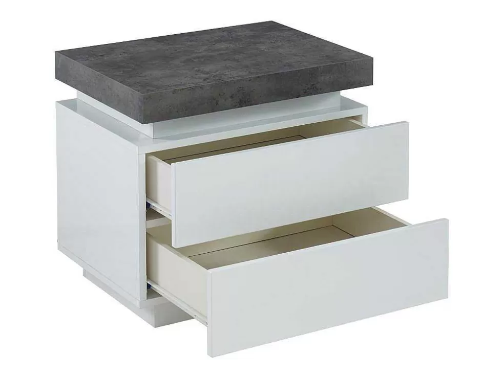 Vente-unique Mesa De Cabeceira - 2 Gavetas - Mdf Lacado - Com Leds - Cor: Branco E Cinza Cimento - Halo Ii* Mesa De Cabeceira
