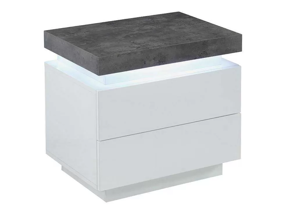 Vente-unique Mesa De Cabeceira - 2 Gavetas - Mdf Lacado - Com Leds - Cor: Branco E Cinza Cimento - Halo Ii* Mesa De Cabeceira