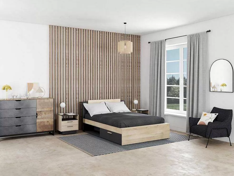 Vente-unique Mesa De Cabeceira 2 Gavetas E 1 Nicho Cor Natural E Antracite - Leandre* Mesa De Cabeceira