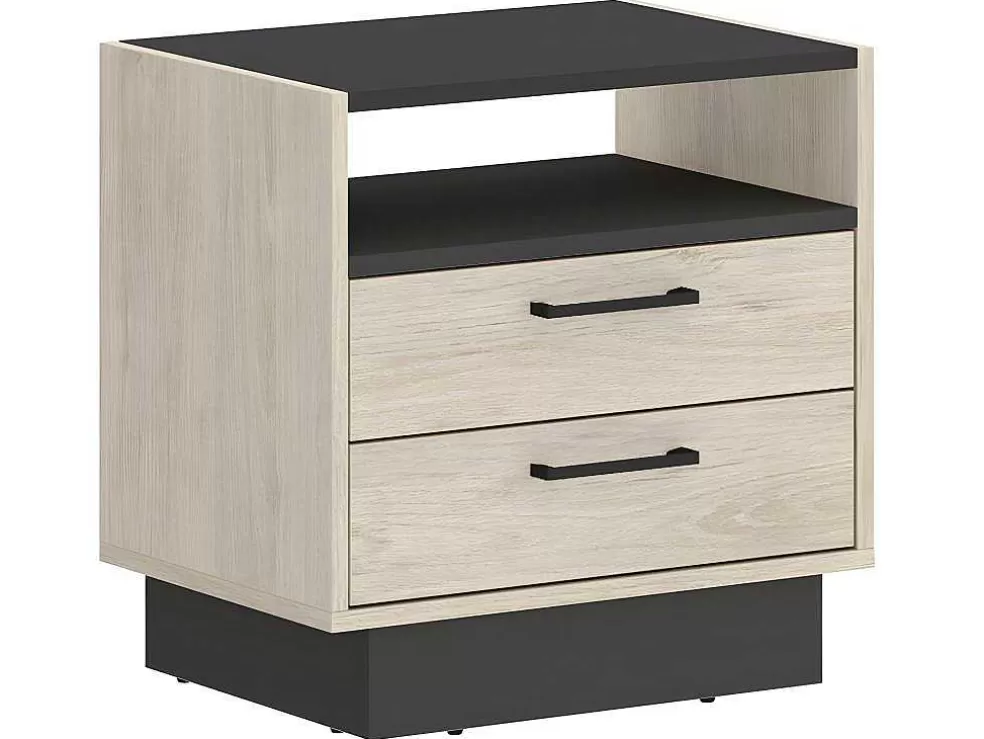 Vente-unique Mesa De Cabeceira 2 Gavetas E 1 Nicho Cor Natural E Antracite - Leandre* Mesa De Cabeceira