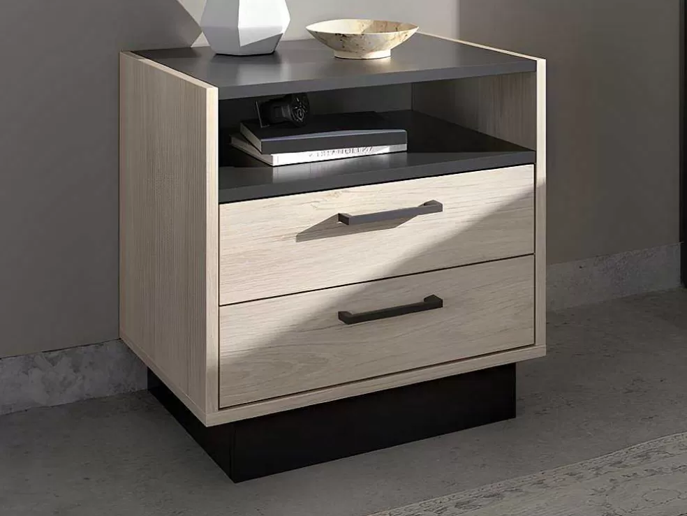 Vente-unique Mesa De Cabeceira 2 Gavetas E 1 Nicho Cor Natural E Branco - Leandre* Mesa De Cabeceira