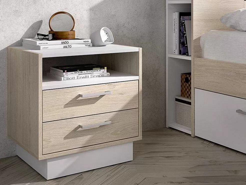 Vente-unique Mesa De Cabeceira 2 Gavetas E 1 Nicho Cor Natural E Branco - Leandre* Mesa De Cabeceira