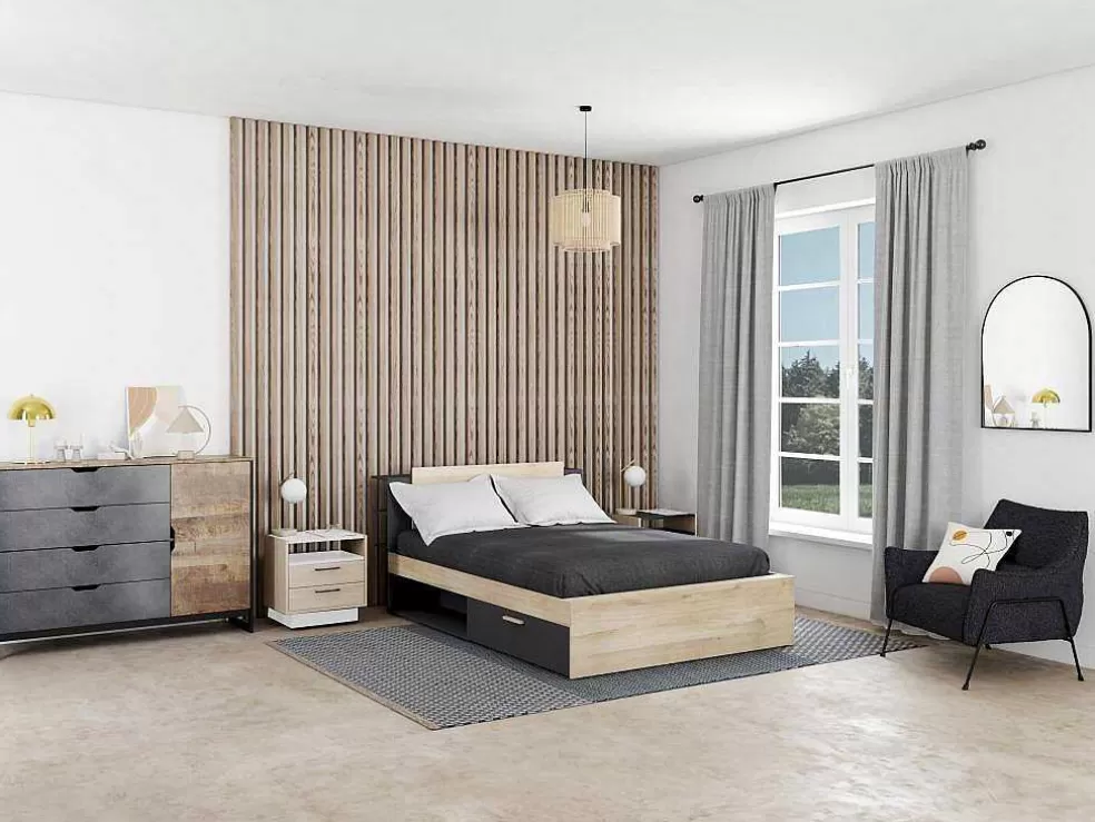 Vente-unique Mesa De Cabeceira 2 Gavetas E 1 Nicho Cor Natural E Branco - Leandre* Mesa De Cabeceira