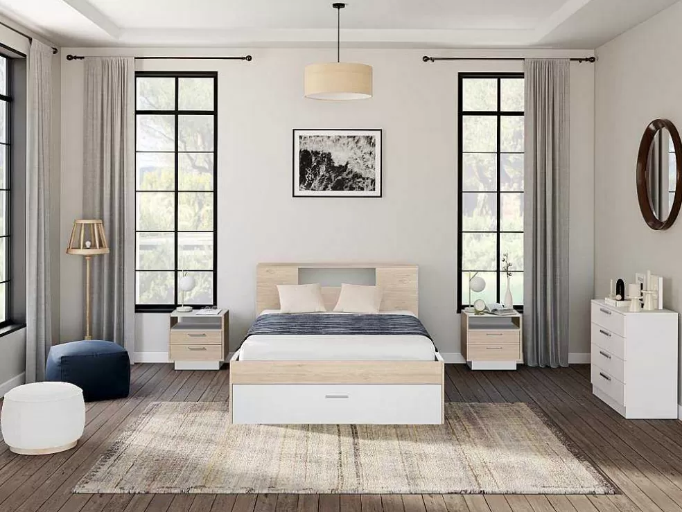 Vente-unique Mesa De Cabeceira 2 Gavetas E 1 Nicho Cor Natural E Branco - Leandre* Mesa De Cabeceira