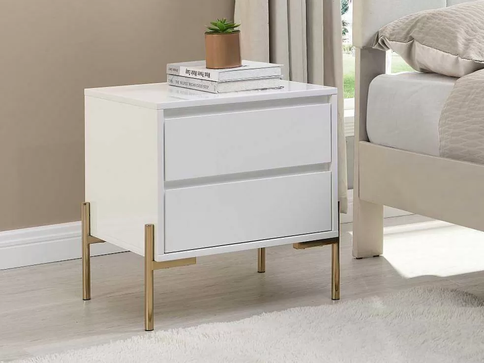 PASCAL MORABITO Mesa De Cabeceira 2 Gavetas Mdf E Metal Lacado A Branco E Dourado - Korasa* Mesa De Cabeceira