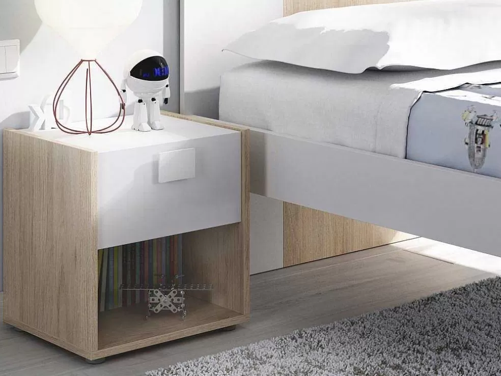 Vente-unique Mesa De Cabeceira Com 1 Gaveta E 1 Nicho Disponivel Em Carvalho E Branco - Sonia* Móvel Para Quarto De Crianças