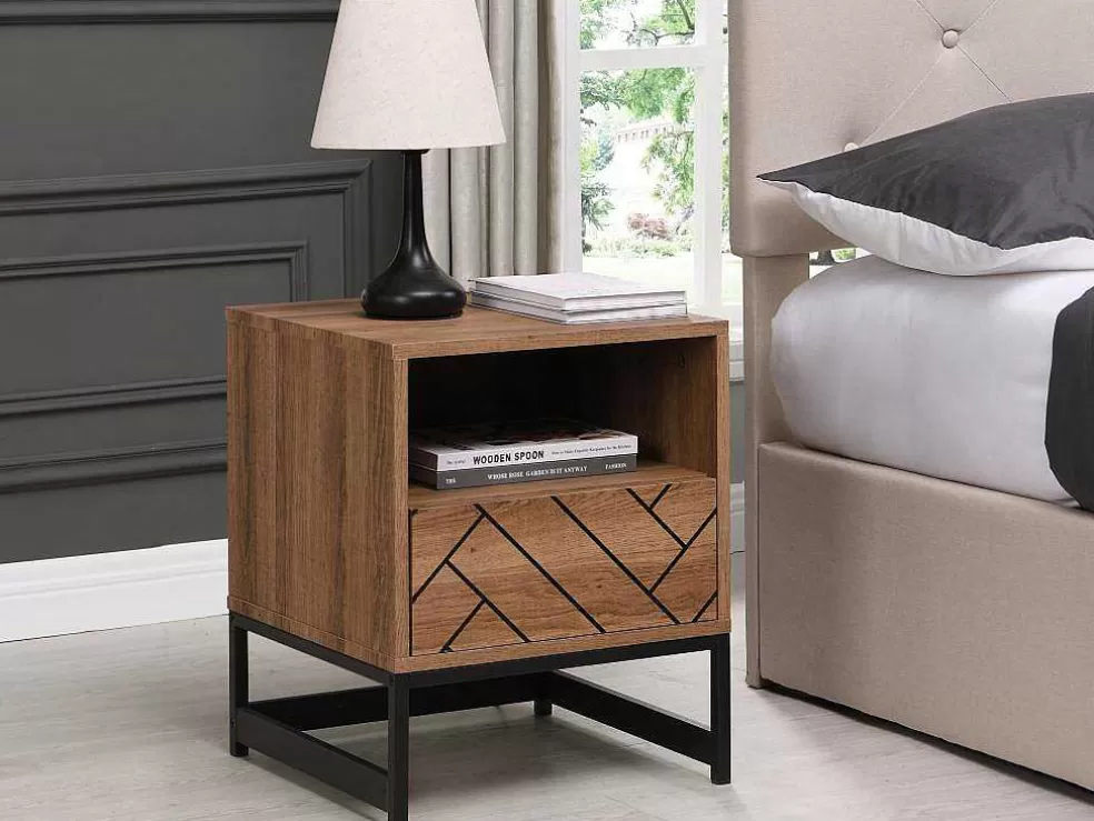 Vente-unique Mesa De Cabeceira Com 1 Gaveta E 1 Nicho Em Mdf E Aco Cor Natural E Preto - Caratana* Mesa De Cabeceira