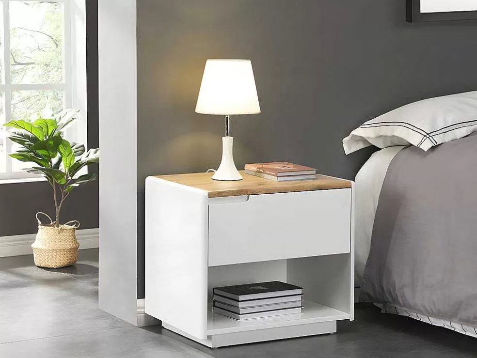 Vente-unique Mesa De Cabeceira Com 1 Gaveta E 1 Nicho Em Mdf Lacado A Branco E Cor Carvalho - Amani* Mesa De Cabeceira