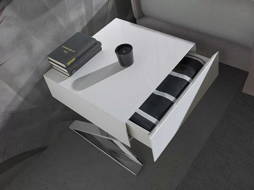 Angel Cerda Mesa De Cabeceira Com Gaveta Em Mdf Lacada A Branco Brilhante Sobre Pés Em Aco Inoxidavel 7007* Mesa De Cabeceira