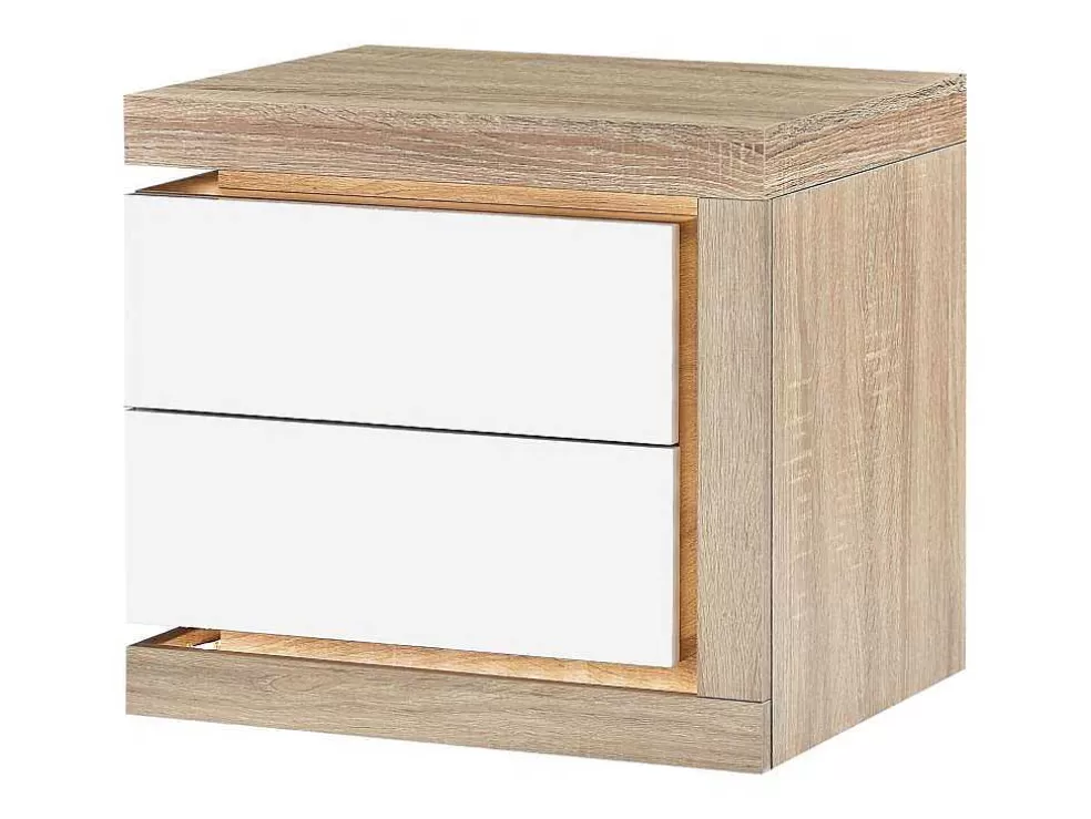 Vente-unique Mesa De Cabeceira Lado Direito Com 2 Gavetas, Com Leds, Lacado A Branco E Natural - Flarancia* Mesa De Cabeceira