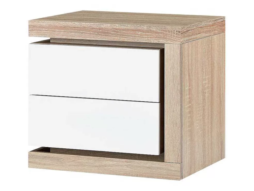 Vente-unique Mesa De Cabeceira Lado Direito Com 2 Gavetas, Com Leds, Lacado A Branco E Natural - Flarancia* Mesa De Cabeceira