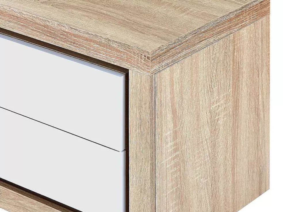 Vente-unique Mesa De Cabeceira Lado Direito Com 2 Gavetas, Com Leds, Lacado A Branco E Natural - Flarancia* Mesa De Cabeceira