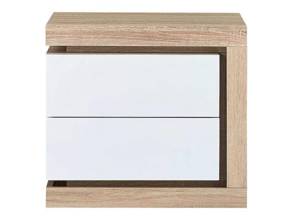 Vente-unique Mesa De Cabeceira Lado Direito Com 2 Gavetas, Com Leds, Lacado A Branco E Natural - Flarancia* Mesa De Cabeceira