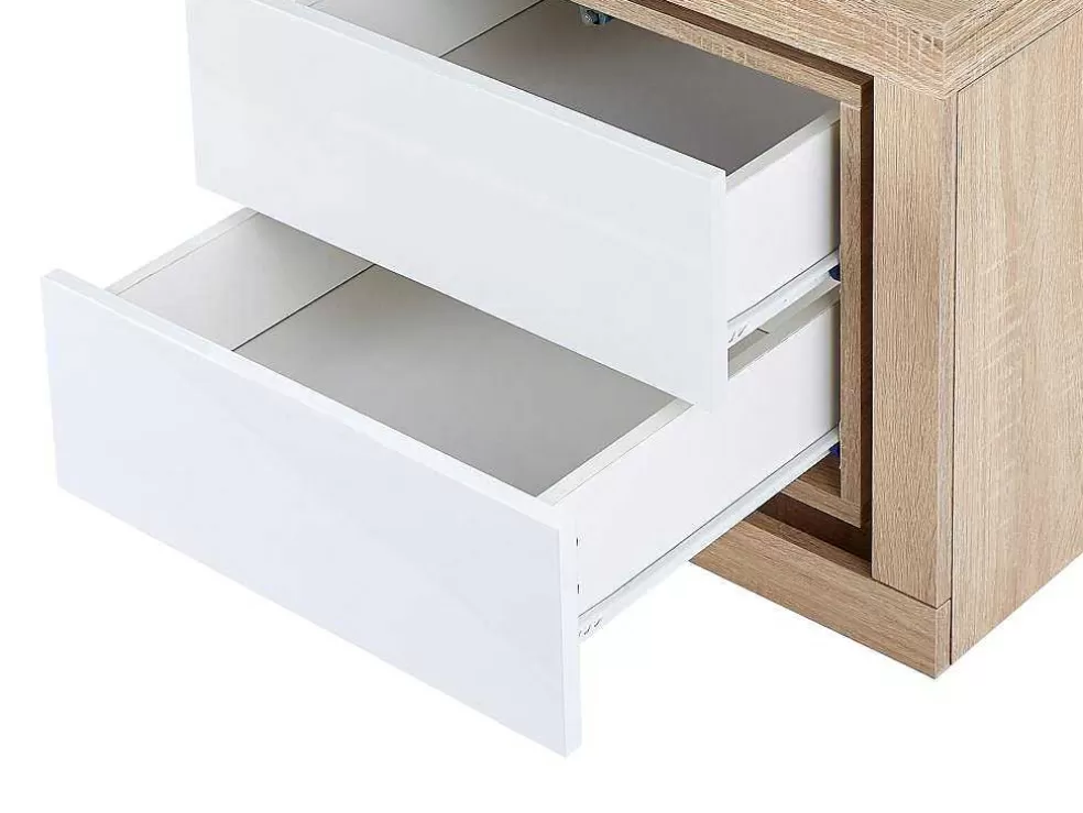 Vente-unique Mesa De Cabeceira Lado Direito Com 2 Gavetas, Com Leds, Lacado A Branco E Natural - Flarancia* Mesa De Cabeceira