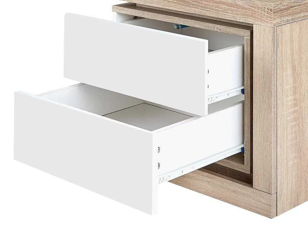 Vente-unique Mesa De Cabeceira Lado Direito Com 2 Gavetas, Com Leds, Lacado A Branco E Natural - Flarancia* Mesa De Cabeceira