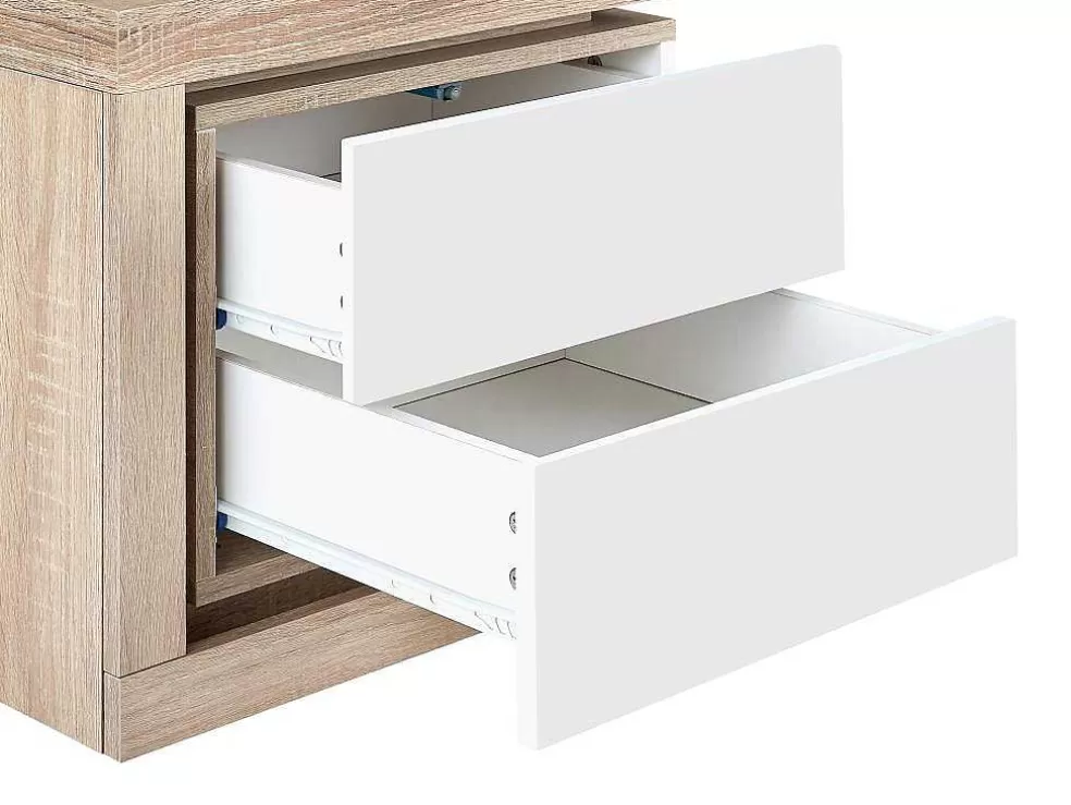 Vente-unique Mesa De Cabeceira Lado Esquerdo Com 2 Gavetas, Com Leds, Lacado A Branco E Natural - Flarancia* Mesa De Cabeceira