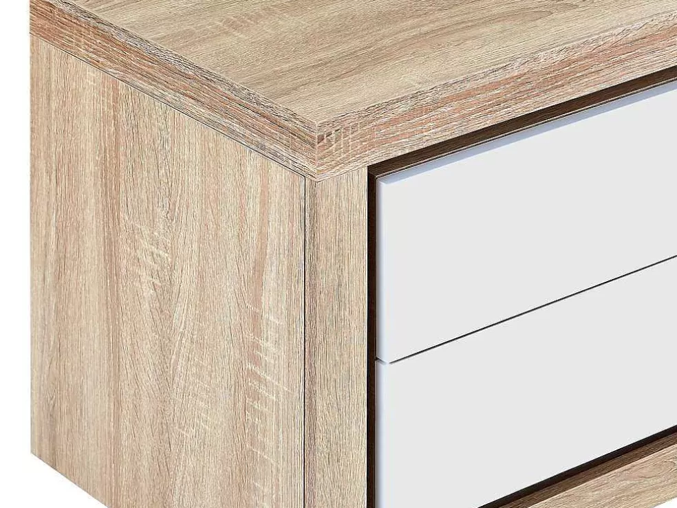 Vente-unique Mesa De Cabeceira Lado Esquerdo Com 2 Gavetas, Com Leds, Lacado A Branco E Natural - Flarancia* Mesa De Cabeceira