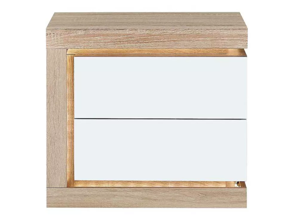 Vente-unique Mesa De Cabeceira Lado Esquerdo Com 2 Gavetas, Com Leds, Lacado A Branco E Natural - Flarancia* Mesa De Cabeceira