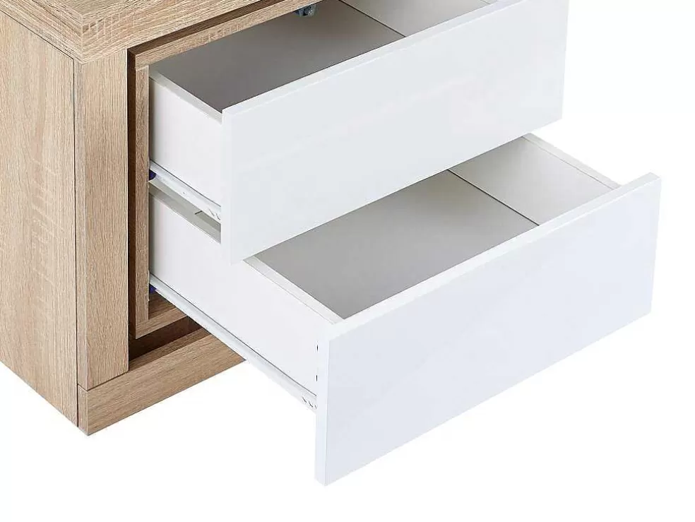 Vente-unique Mesa De Cabeceira Lado Esquerdo Com 2 Gavetas, Com Leds, Lacado A Branco E Natural - Flarancia* Mesa De Cabeceira