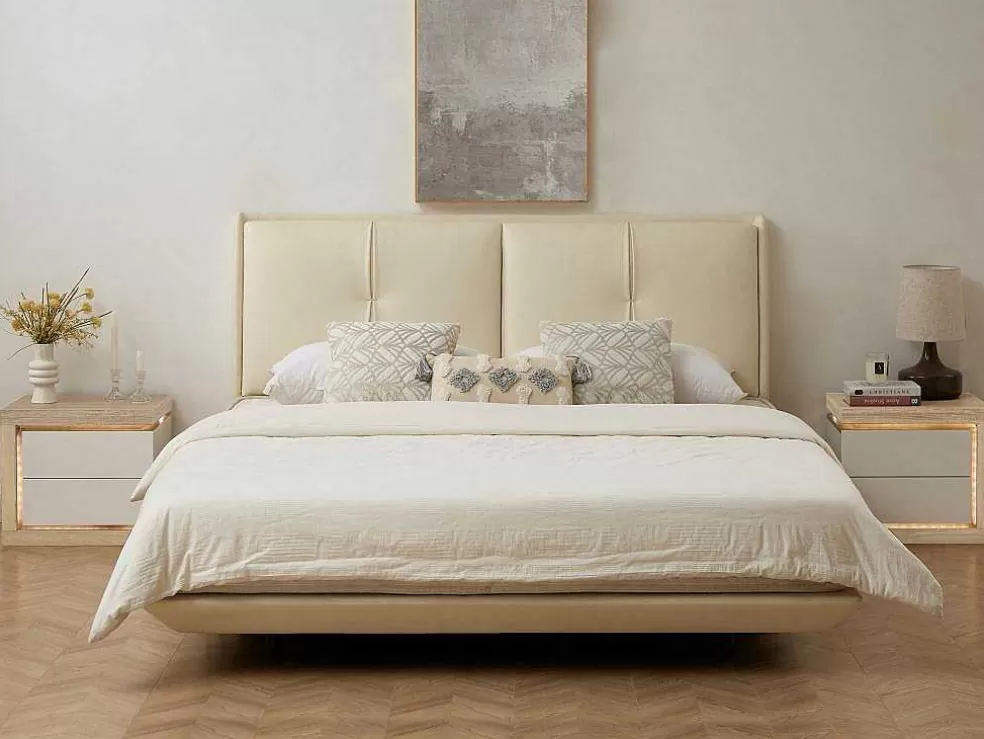 Vente-unique Mesa De Cabeceira Lado Esquerdo Com 2 Gavetas, Com Leds, Lacado A Branco E Natural - Flarancia* Mesa De Cabeceira