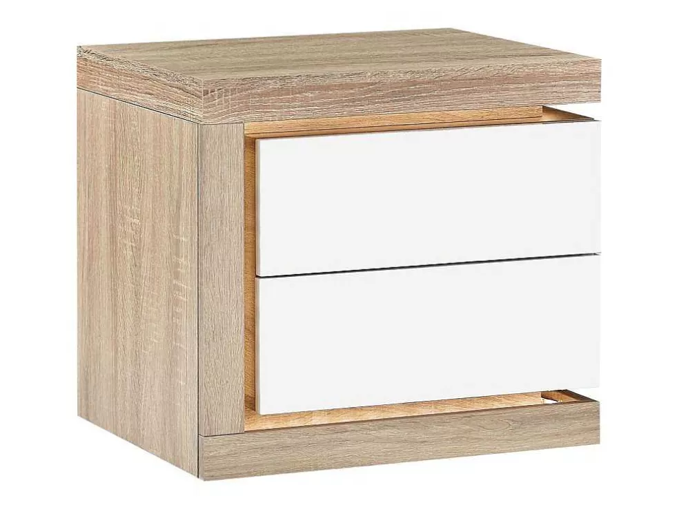 Vente-unique Mesa De Cabeceira Lado Esquerdo Com 2 Gavetas, Com Leds, Lacado A Branco E Natural - Flarancia* Mesa De Cabeceira