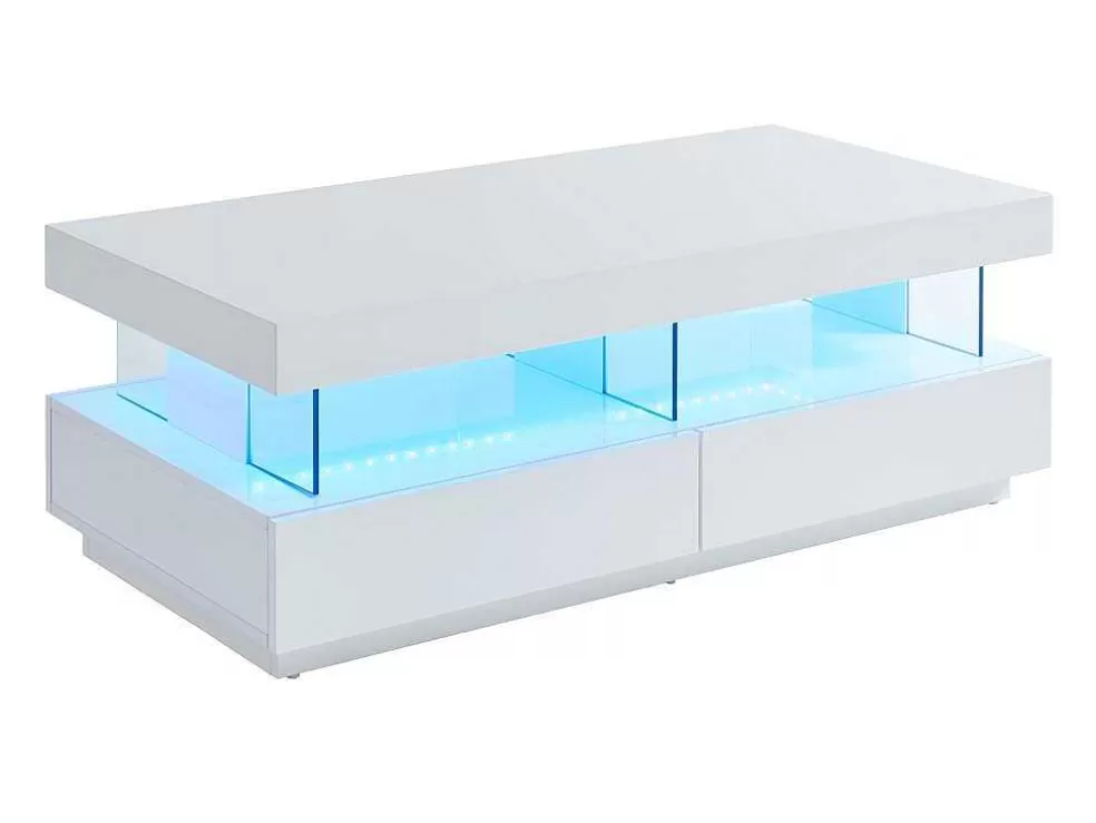 Vente-unique Mesa De Centro 2 Gavetas E 2 Nichos Com Leds, Mdf E Vidro Temperado, Lacado A Branco - Fabio* Mesa De Centro