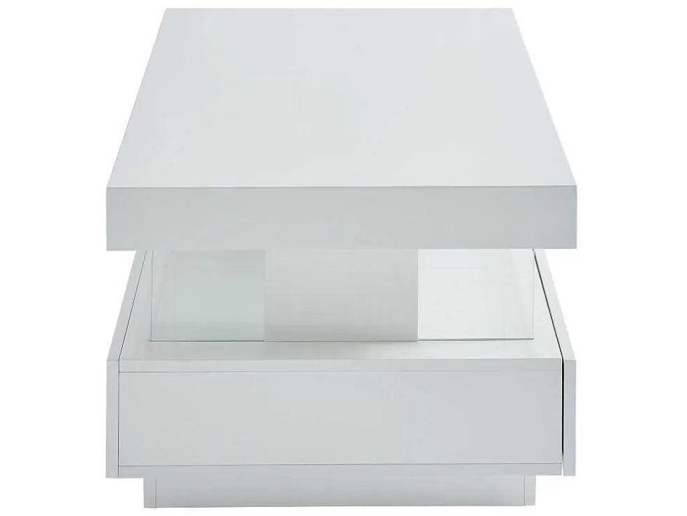 Vente-unique Mesa De Centro 2 Gavetas E 2 Nichos Com Leds, Mdf E Vidro Temperado, Lacado A Branco - Fabio* Mesa De Centro