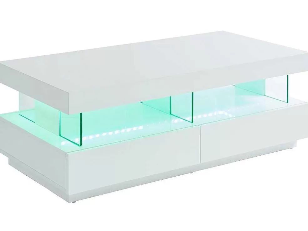 Vente-unique Mesa De Centro 2 Gavetas E 2 Nichos Com Leds, Mdf E Vidro Temperado, Lacado A Branco - Fabio* Mesa De Centro