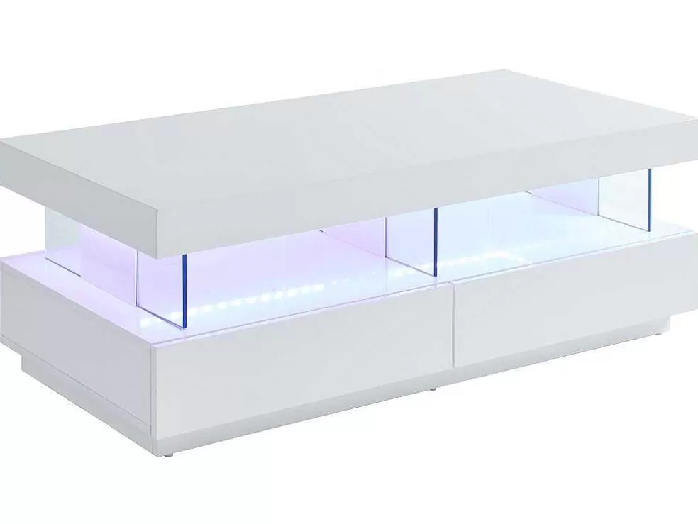 Vente-unique Mesa De Centro 2 Gavetas E 2 Nichos Com Leds, Mdf E Vidro Temperado, Lacado A Branco - Fabio* Mesa De Centro