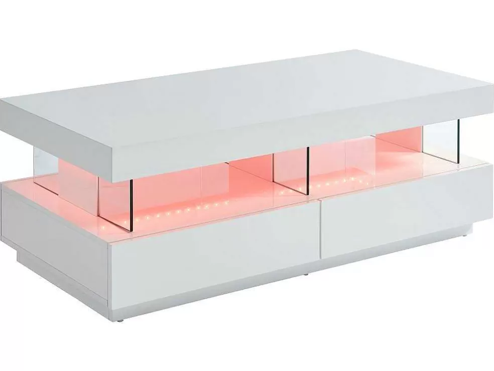 Vente-unique Mesa De Centro 2 Gavetas E 2 Nichos Com Leds, Mdf E Vidro Temperado, Lacado A Branco - Fabio* Mesa De Centro