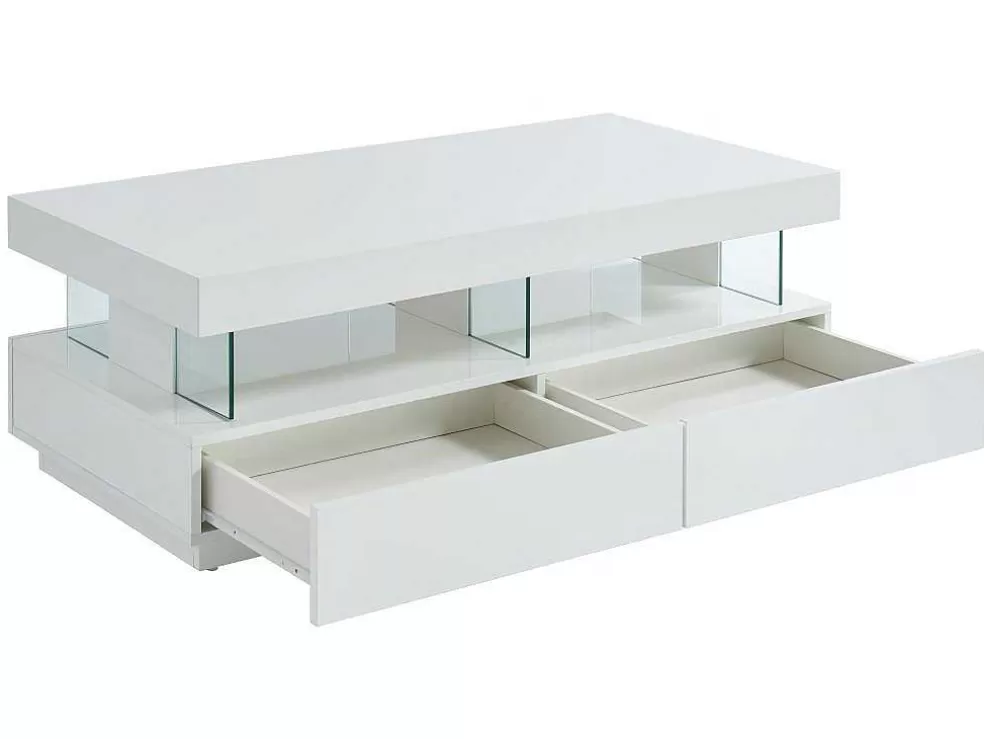 Vente-unique Mesa De Centro 2 Gavetas E 2 Nichos Com Leds, Mdf E Vidro Temperado, Lacado A Branco - Fabio* Mesa De Centro