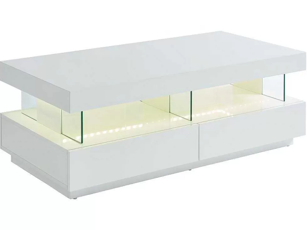 Vente-unique Mesa De Centro 2 Gavetas E 2 Nichos Com Leds, Mdf E Vidro Temperado, Lacado A Branco - Fabio* Mesa De Centro