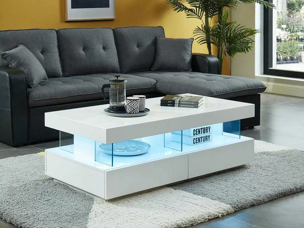 Vente-unique Mesa De Centro 2 Gavetas E 2 Nichos Com Leds, Mdf E Vidro Temperado, Lacado A Branco - Fabio* Mesa De Centro