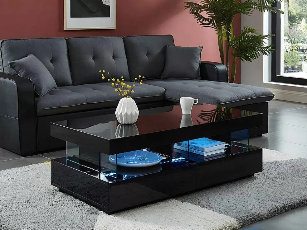 Vente-unique Mesa De Centro - Mdf Lacado Preto - Leds 2 Gavetas & 2 Nichos - Fabio* Mesa De Centro
