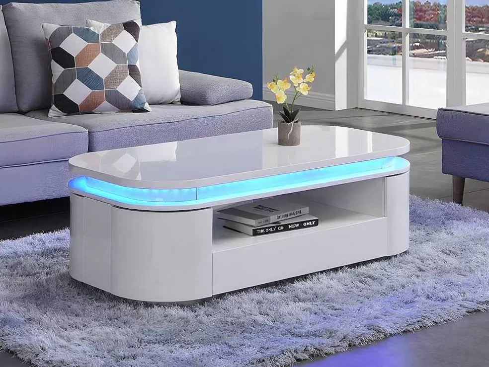 Vente-unique Mesa De Centro 4 Portas E 1 Gaveta Com Leds Em Mdf Lacado A Branco - Vandana* Mesa De Centro