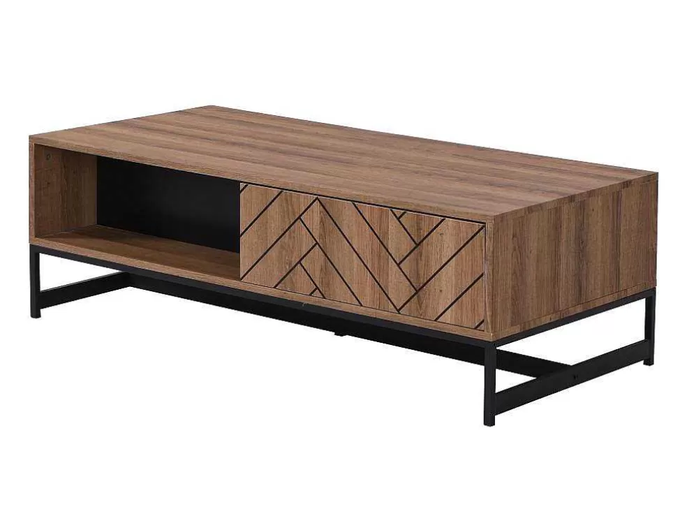Vente-unique Mesa De Centro Com 2 Gavetas E 2 Nichos Em Mdf Cor Natural E Preto - Caratana* Mesa De Centro