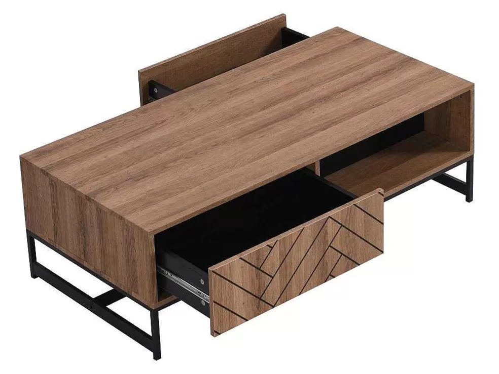 Vente-unique Mesa De Centro Com 2 Gavetas E 2 Nichos Em Mdf Cor Natural E Preto - Caratana* Mesa De Centro