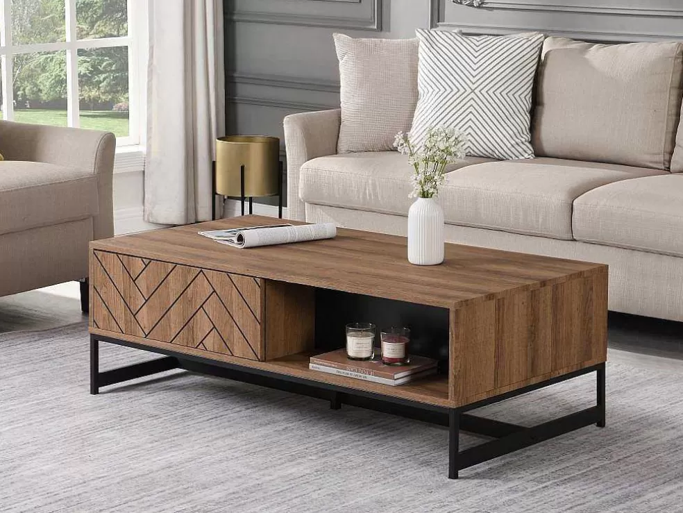 Vente-unique Mesa De Centro Com 2 Gavetas E 2 Nichos Em Mdf Cor Natural E Preto - Caratana* Mesa De Centro
