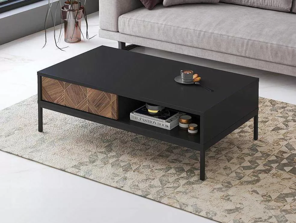 Vente-unique Mesa De Centro Com 2 Gavetas E 2 Nichos Preto E Natural Escuro - Mialine* Mesa De Centro