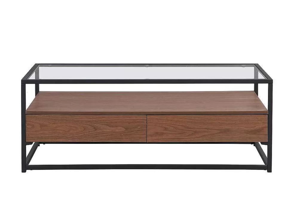 Vente-unique Mesa De Centro Com 2 Gavetas Em Mdf, Vidro Temperado E Metal Natural Escuro - Camata* Mesa De Centro