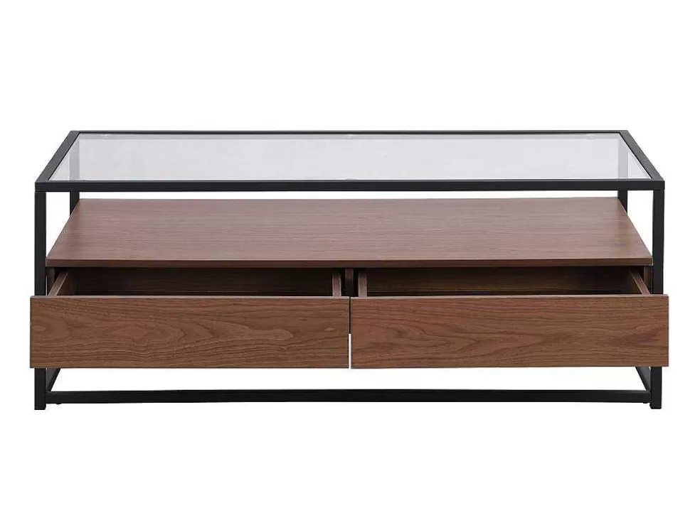 Vente-unique Mesa De Centro Com 2 Gavetas Em Mdf, Vidro Temperado E Metal Natural Escuro - Camata* Mesa De Centro