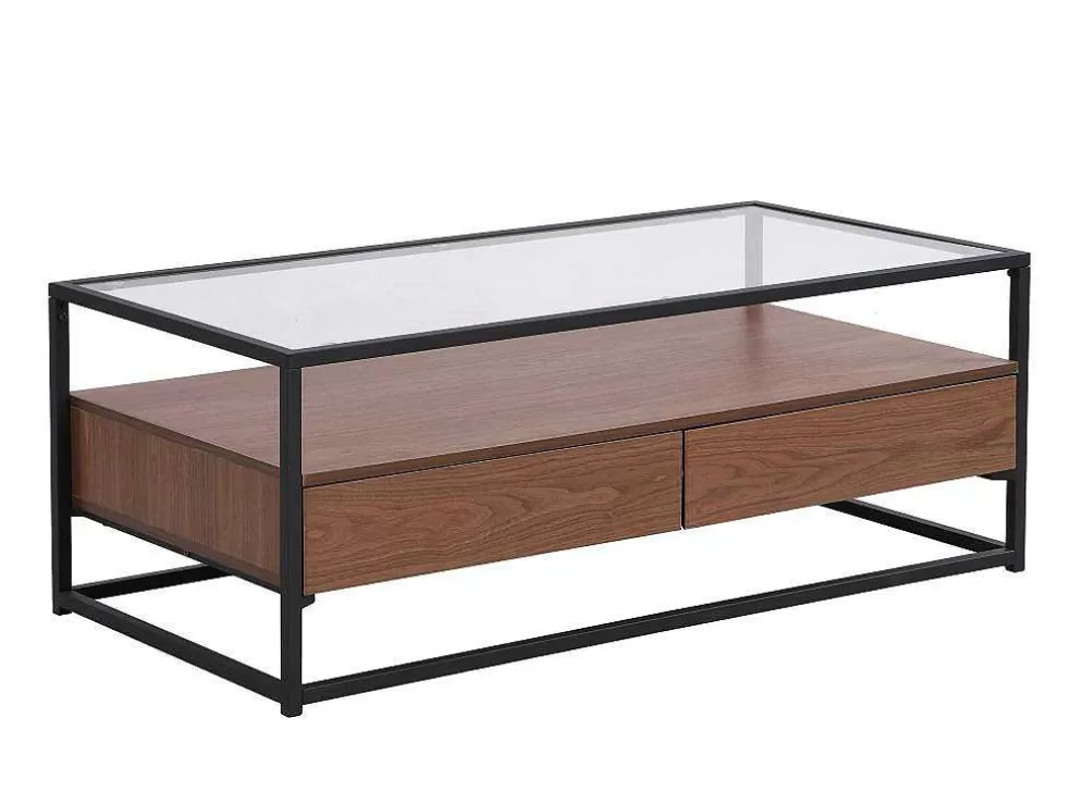 Vente-unique Mesa De Centro Com 2 Gavetas Em Mdf, Vidro Temperado E Metal Natural Escuro - Camata* Mesa De Centro