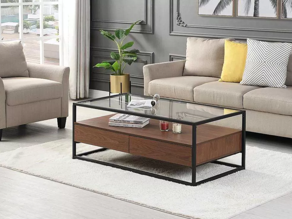 Vente-unique Mesa De Centro Com 2 Gavetas Em Mdf, Vidro Temperado E Metal Natural Escuro - Camata* Mesa De Centro